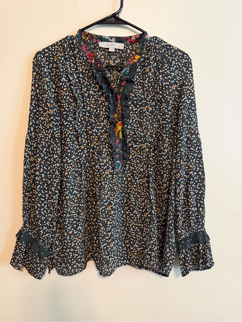 LOFT Green Floral Dot Ruffle-Trim Long Sleeve Blouse